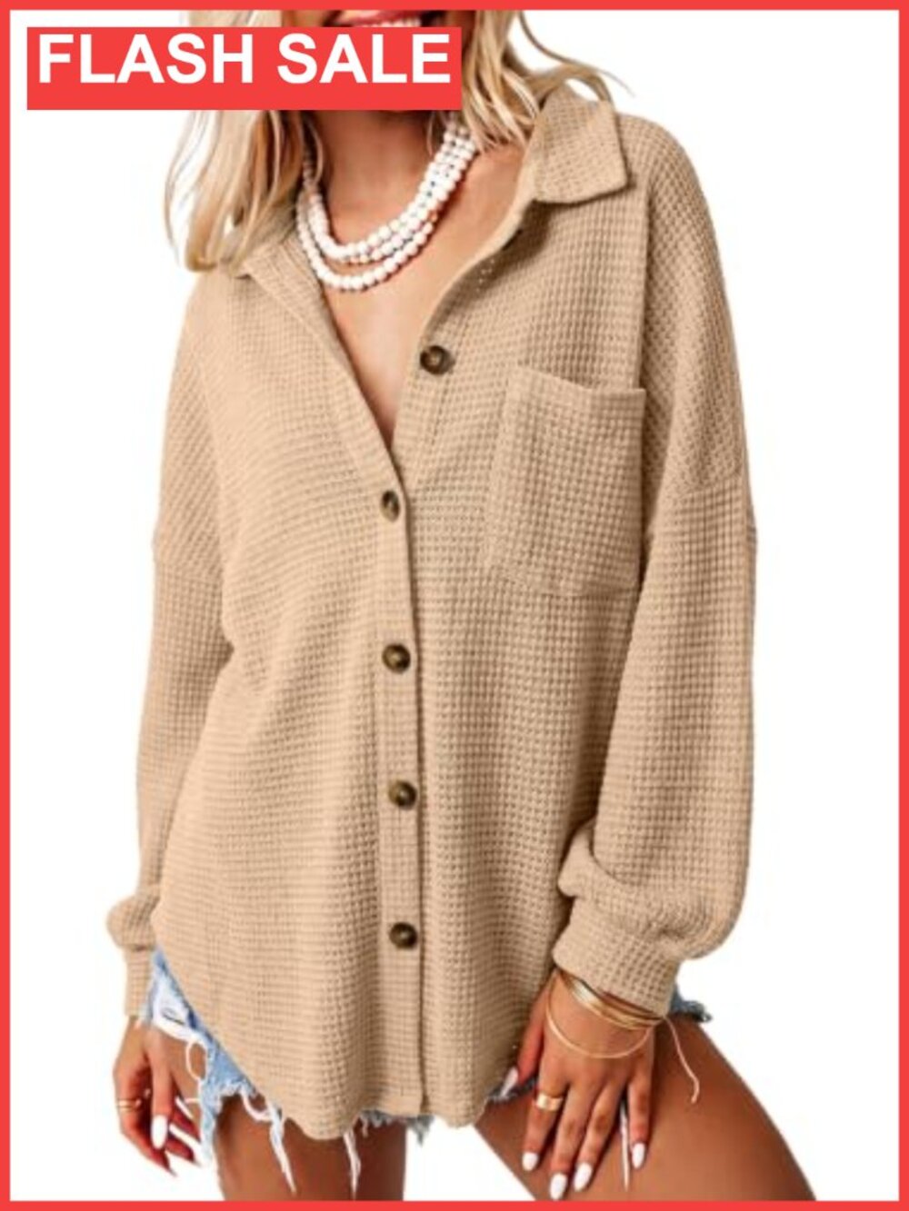 Waffle Knit Shacket Button Down Shirt Loose Fit Boyfriend Top